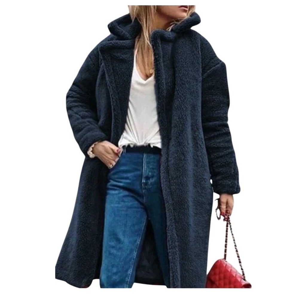 Madewell Teddy Coat Women Medium Navy Blue Sherpa Longline Oversized